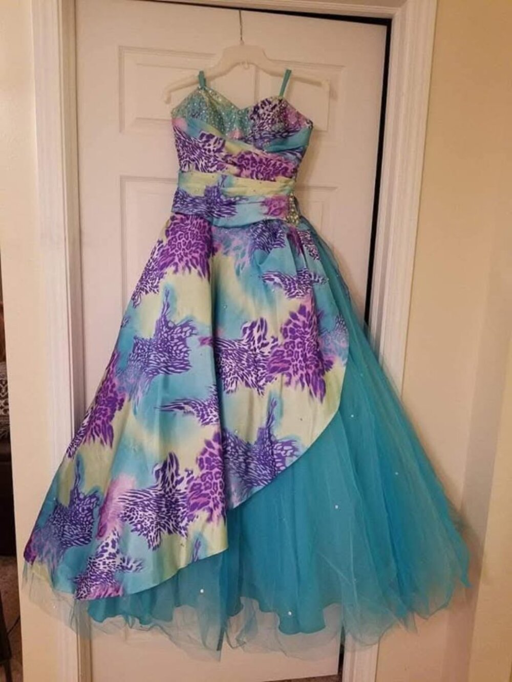 Mori Lee Sticks & Stones Teal/Purple Leopard Homecoming Prom Dress 9/10